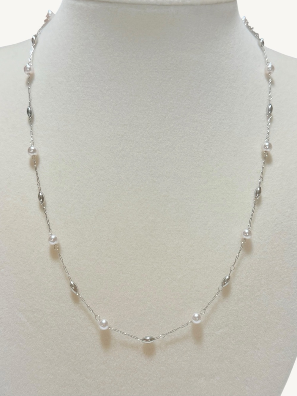 Silver Pearl Station Dainty Necklace Stainless Steel Dainty Layering 16” - Picture 3 of 5